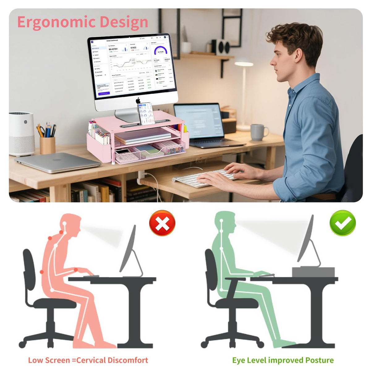 AUPSEN Pink Desk Organizers and Accessories, 2-Tier Wood Computer Monitor Stand with Drawer, Pen