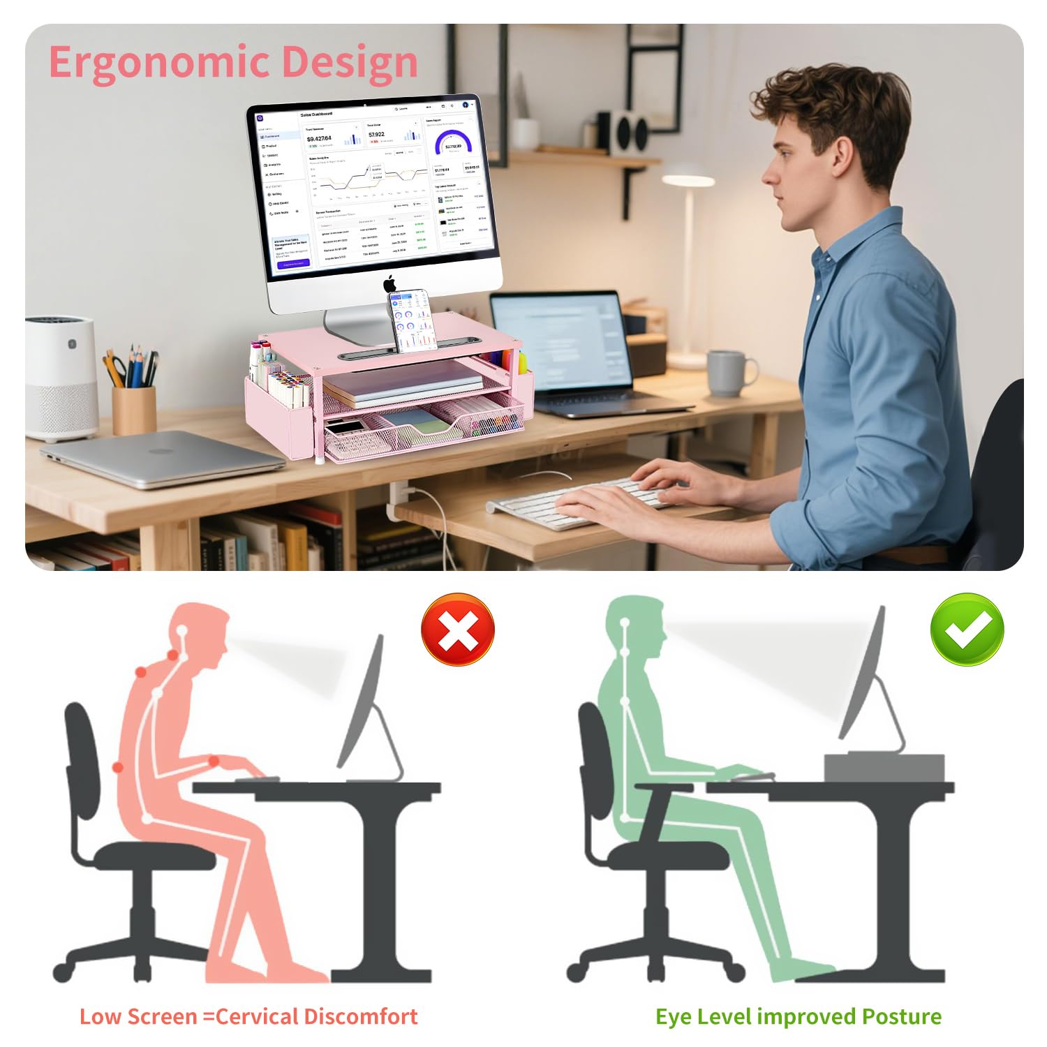 AUPSEN Pink Desk Organizers and Accessories, 2-Tier Wood Computer Monitor Stand with Drawer, Pen