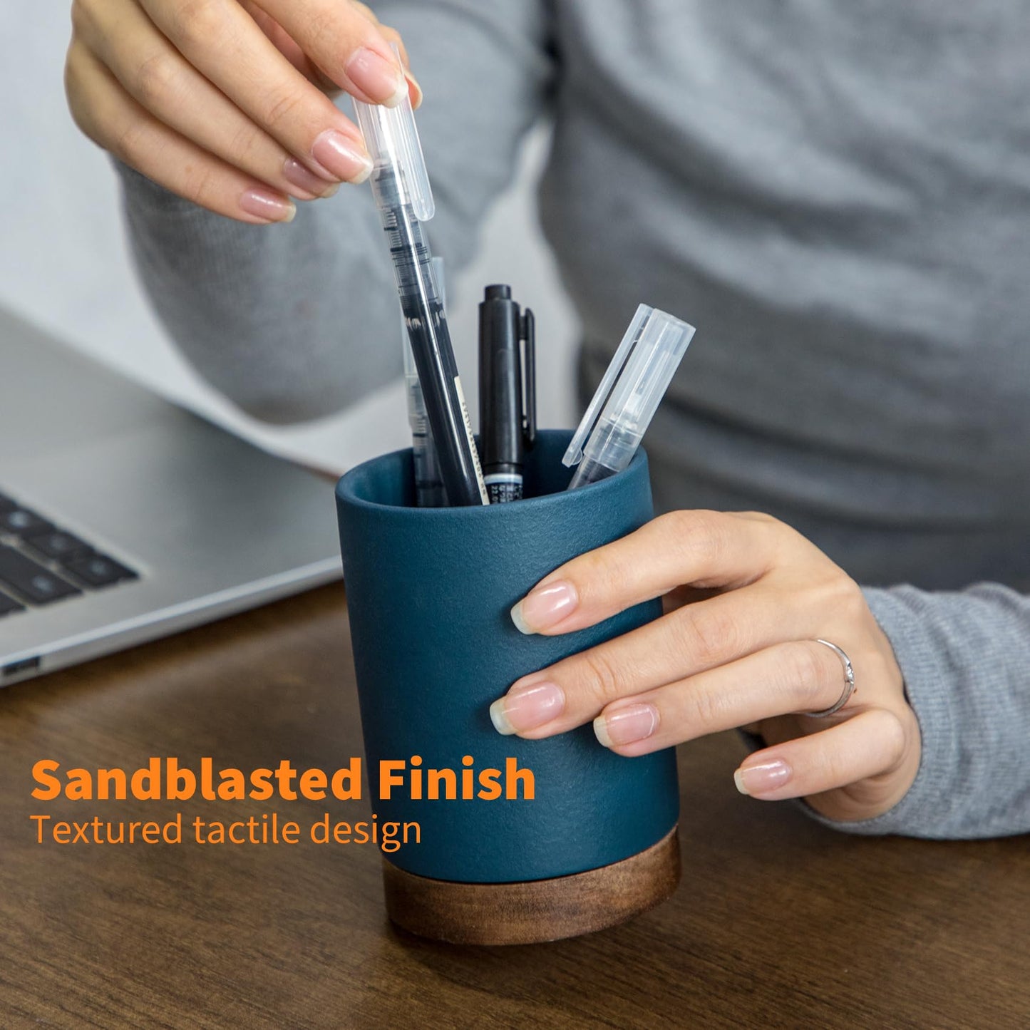 Officepal Ceramic Pen Holder for Desk, Pencil Cup, (Royal Blue, Set / 2)