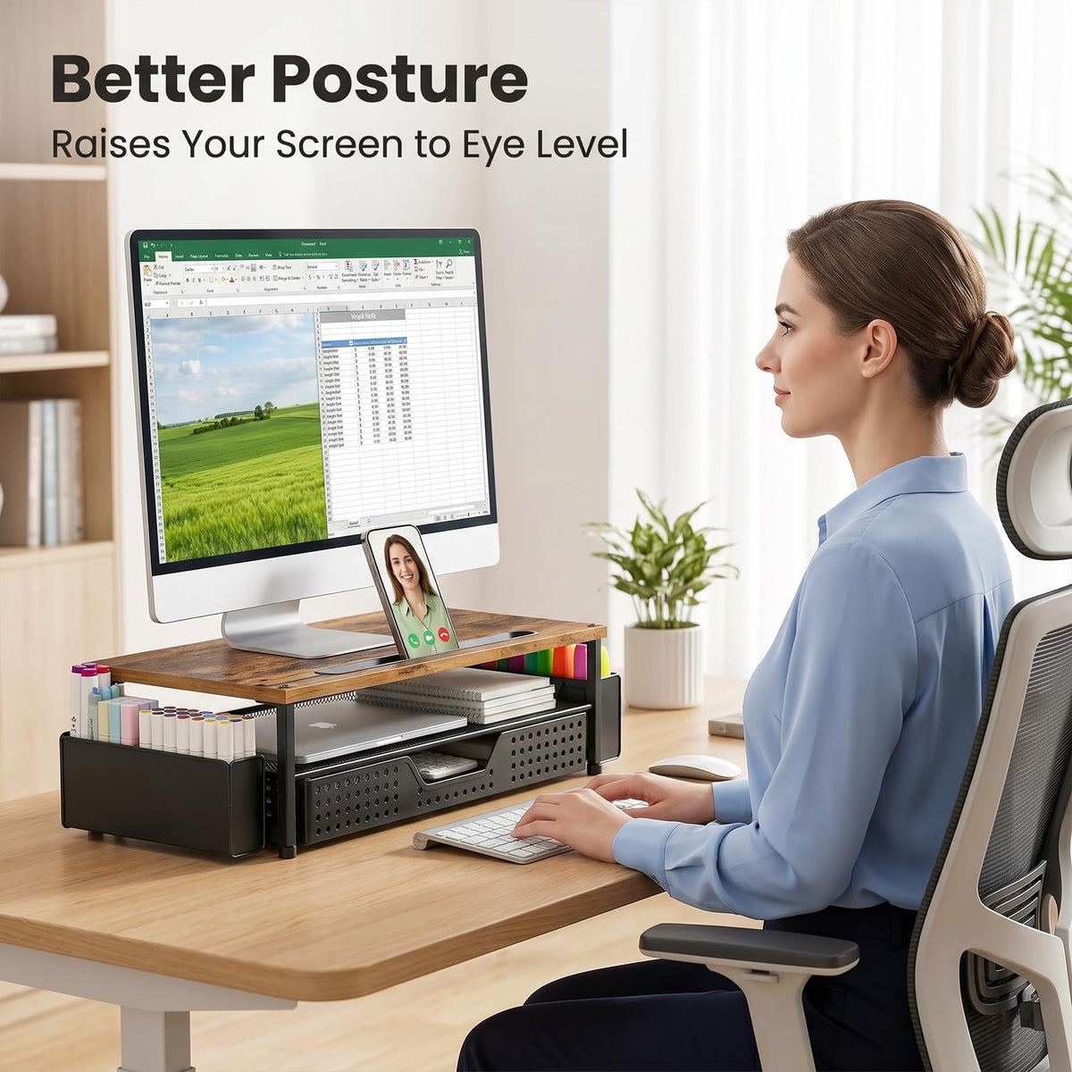 Desk Organizer and Accessories, 2-Tier Computer Monitor Stand Rise with Phone Holder, Drawer & 2