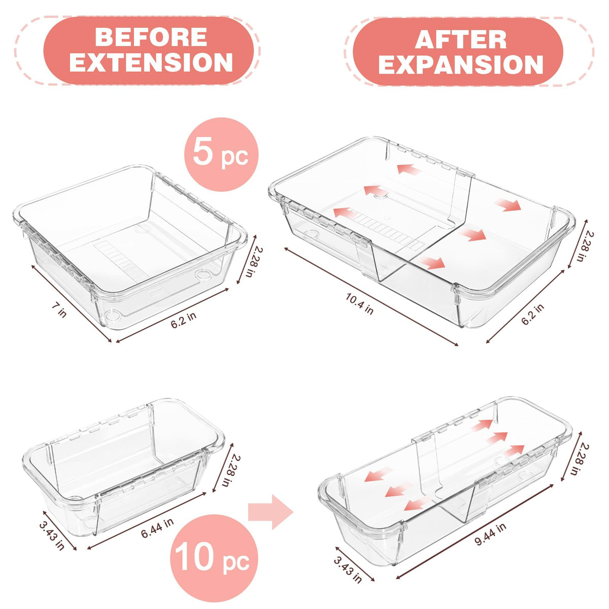 15 Pcs Expandable Drawer Organizer, All Adjustable Storage Box, Clear