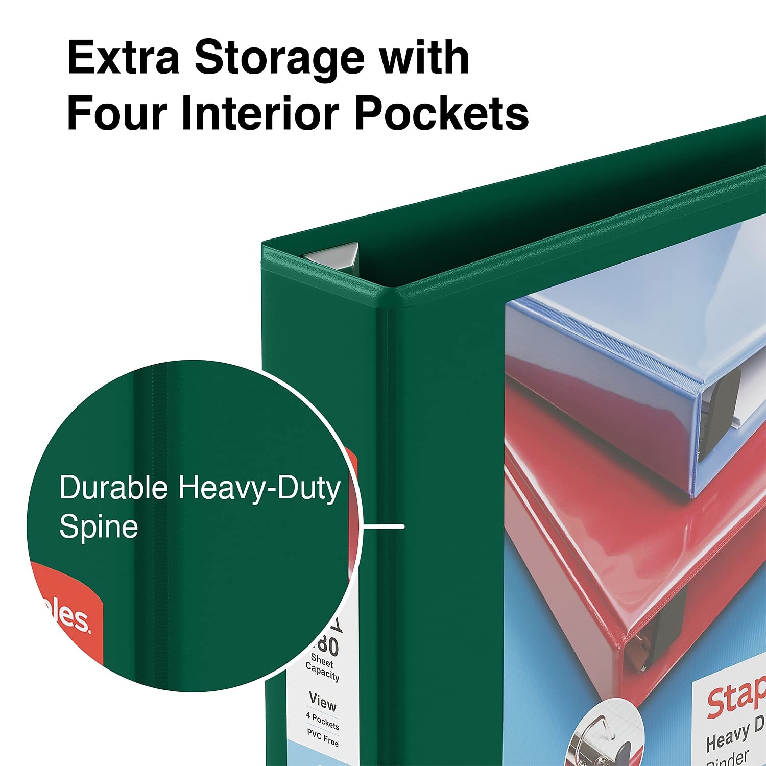 Staples Heavy-Duty 2-Inch 3-Ring View Binder, Dark Green, D-Rings