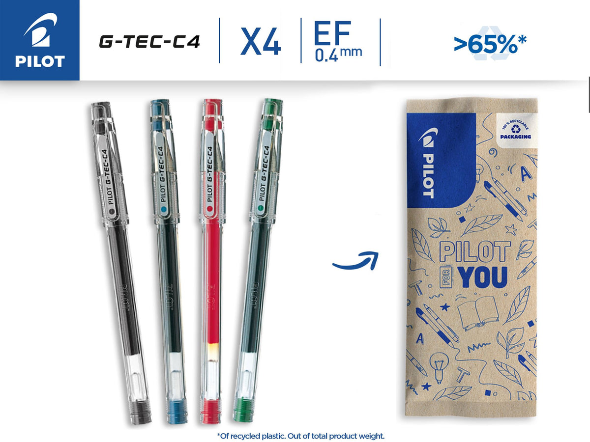 Pilot 0.4 mm C4 Gtec Gel Rollerball Tip - Black/Blue/Red/Green (Pack of 4)