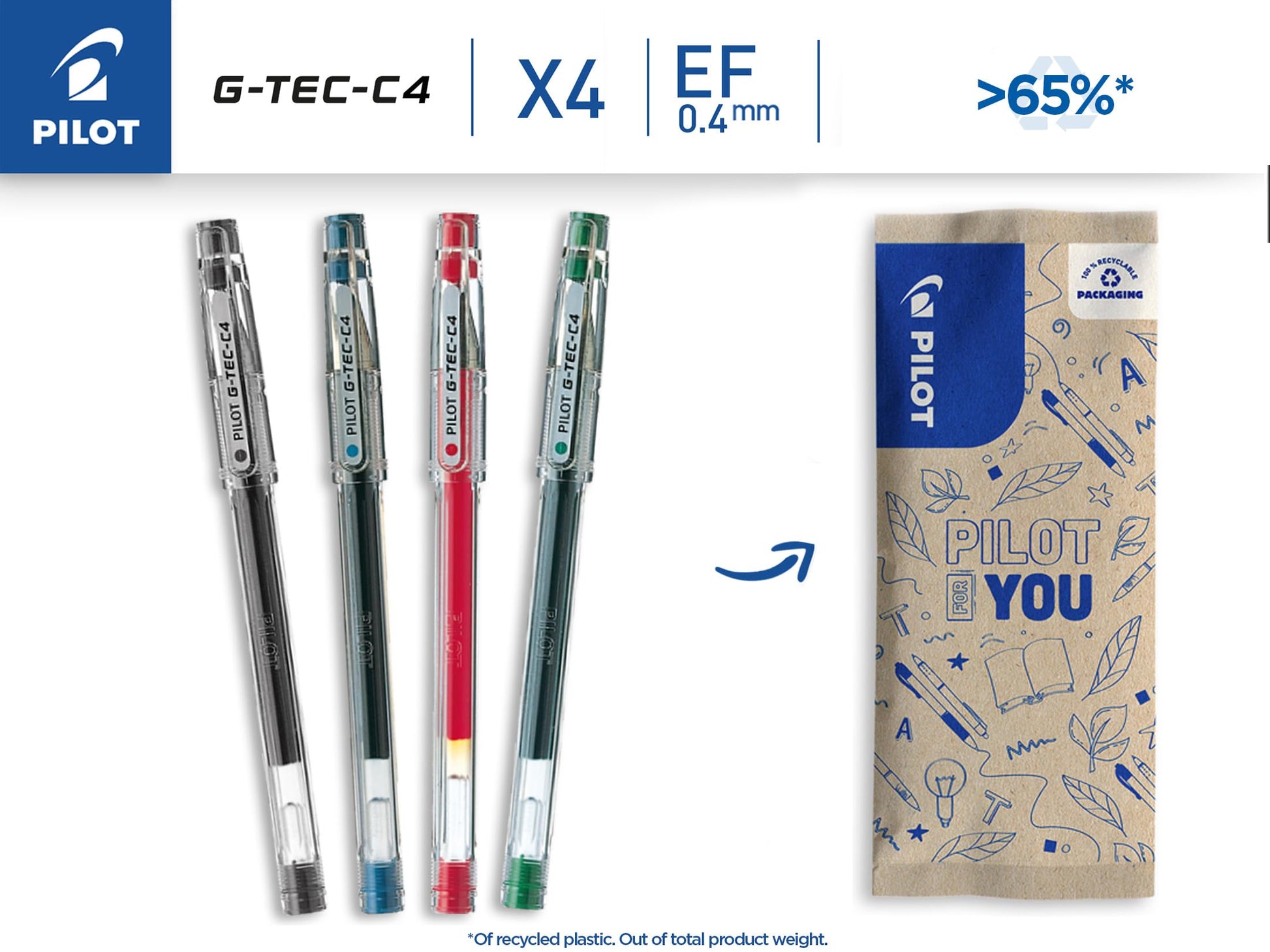 Pilot 0.4 mm C4 Gtec Gel Rollerball Tip - Black/Blue/Red/Green (Pack of 4)