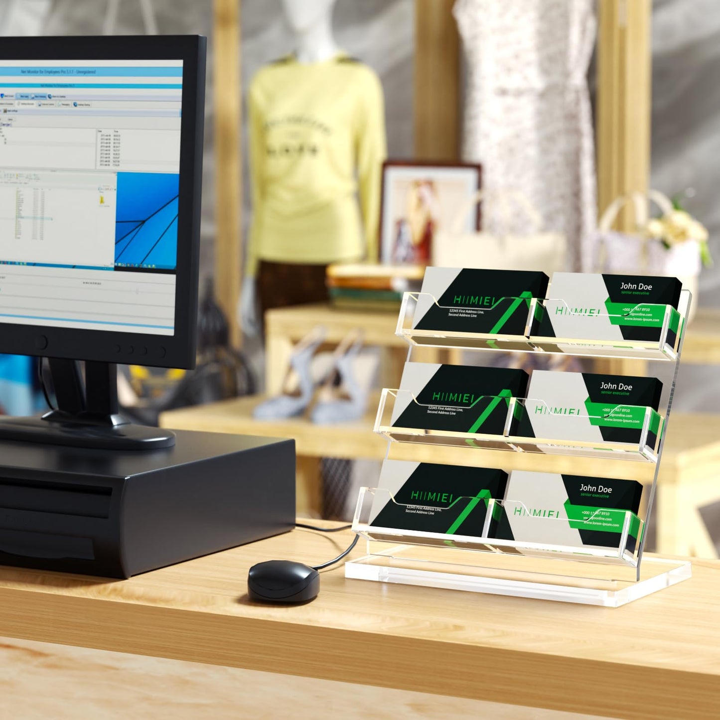 HIIMIEI Business Card Holder Desk, Acrylic Business Card Display, 3 Tier Clear Business Card Stand