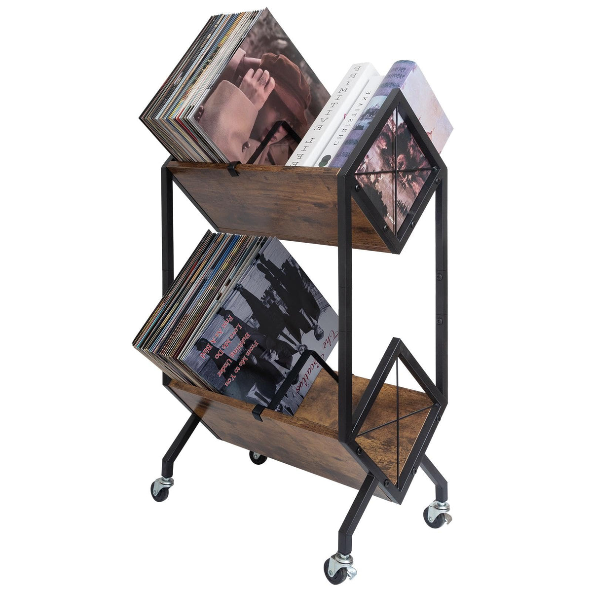 SwaaVee Vinyl Record Storage Holder with Wheels, 2-Tier Record Holder 160-200 LP with Dividers