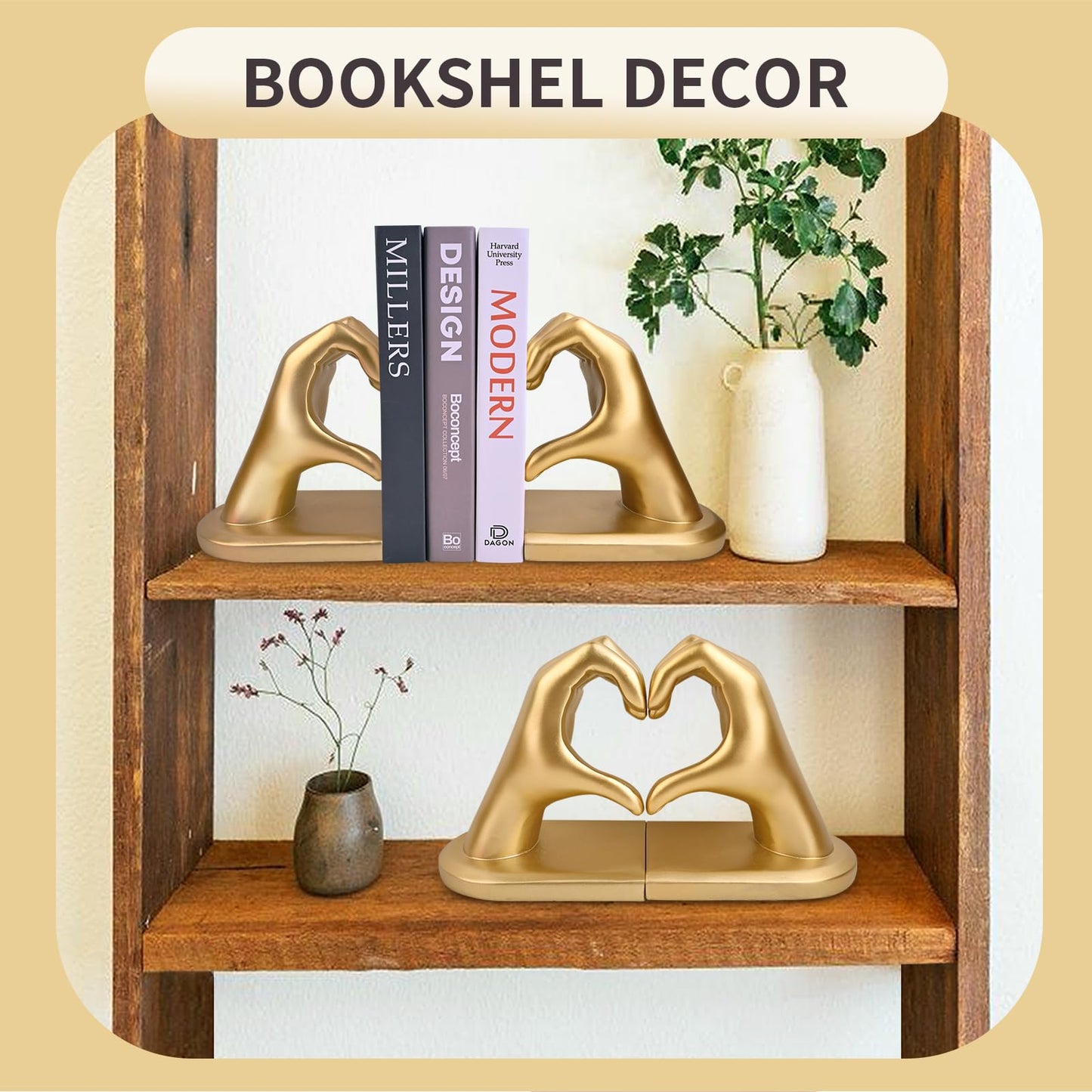 Gold Decorative Bookends for Shelves, Heart Hands Book Ends Sculpture Aesthetic Decor for Bedroom
