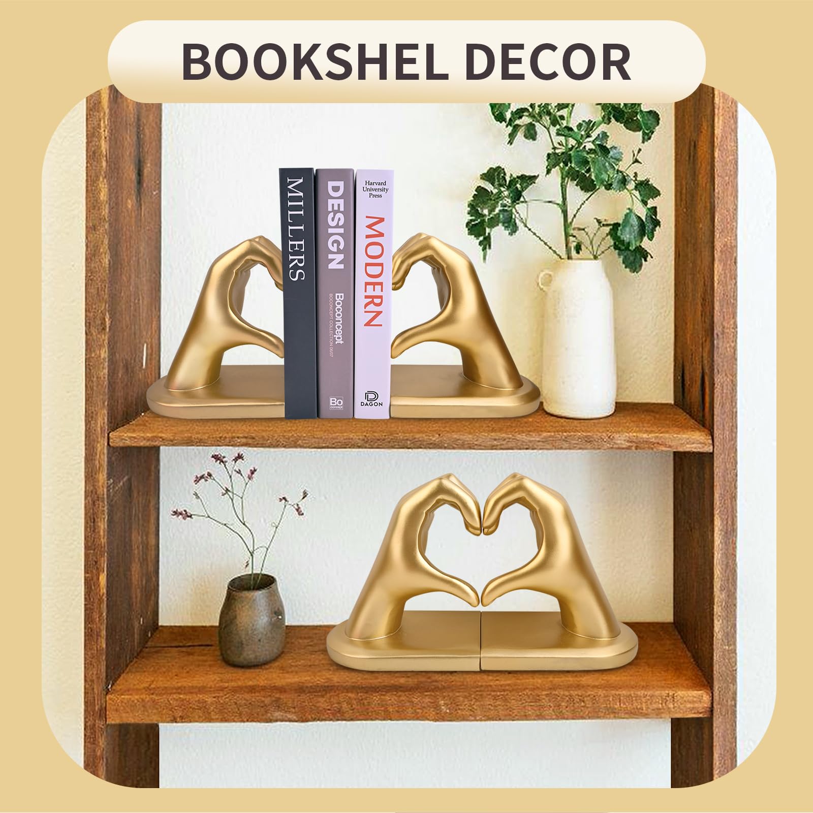 Gold Decorative Bookends for Shelves, Heart Hands Book Ends Sculpture Aesthetic Decor for Bedroom