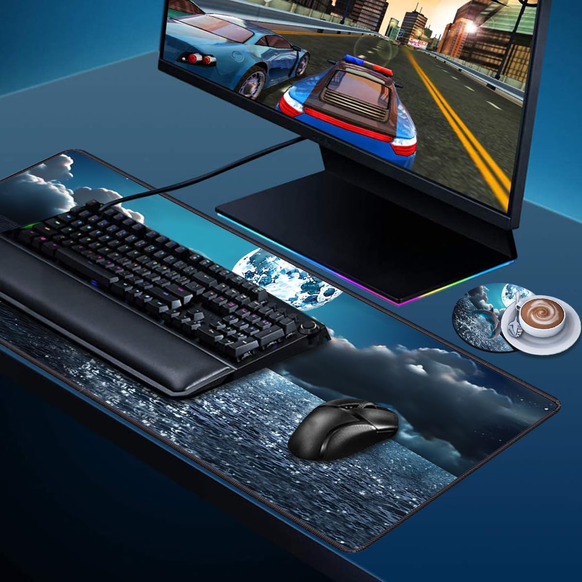 Desk Pad Mat Gaming Mouse Pads with Coasters, 31.5"x 11.8" XXL Large Big Computer Keyboard Mouse