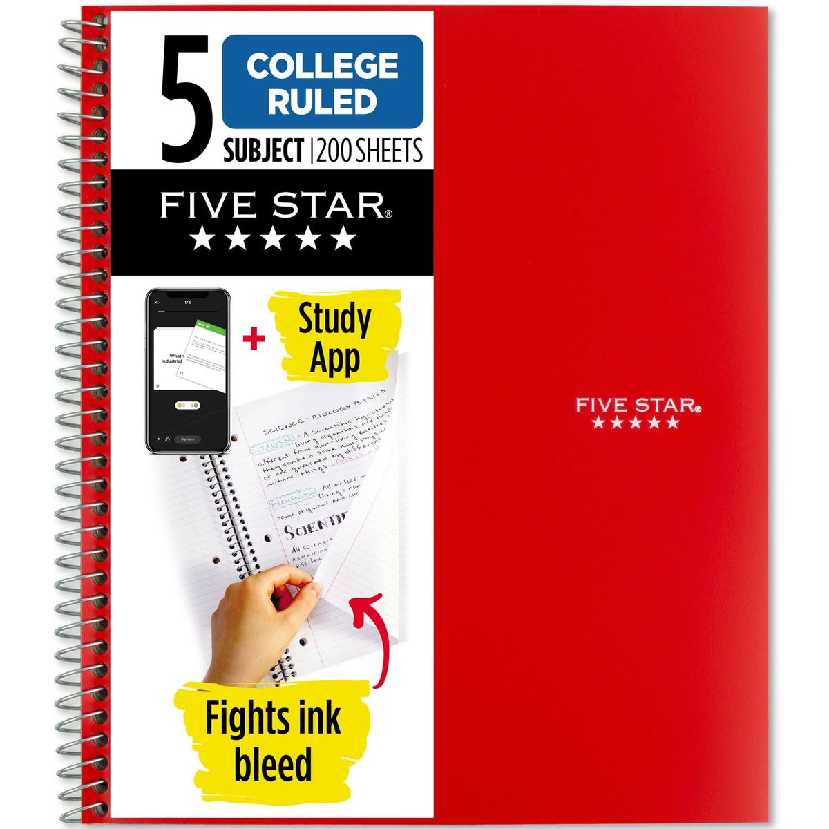 Five Star Spiral Notebook + Study App, 5 Subject, College Ruled Paper, Fights Ink Bleed, Water