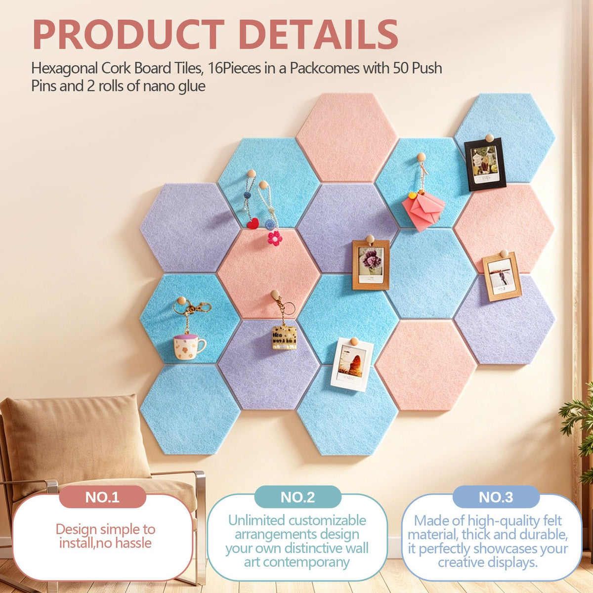 6.7 x 5.9 in 16 Pcs Hexagon Cork Board Tiles, Felt Pin Boards, Pastel