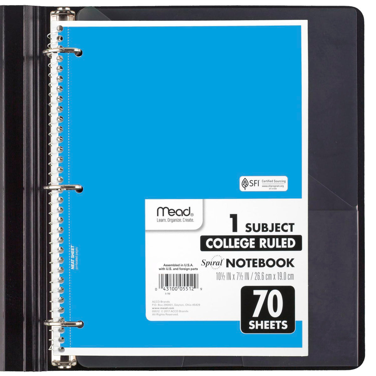 Mead Spiral Notebook, 6 Pack, 1 Subject, College Ruled Paper, 7-1/2" x 10-1/2", 70 Sheets per