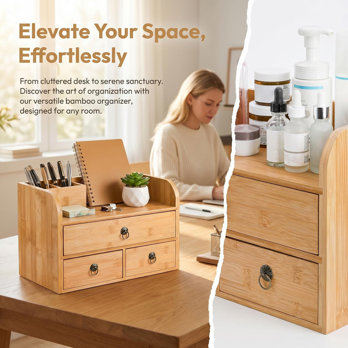 Nicunom Bamboo Desk Organizer, 3-Tier Bamboo Tabletop Storage Organization Multifunctional Desktop