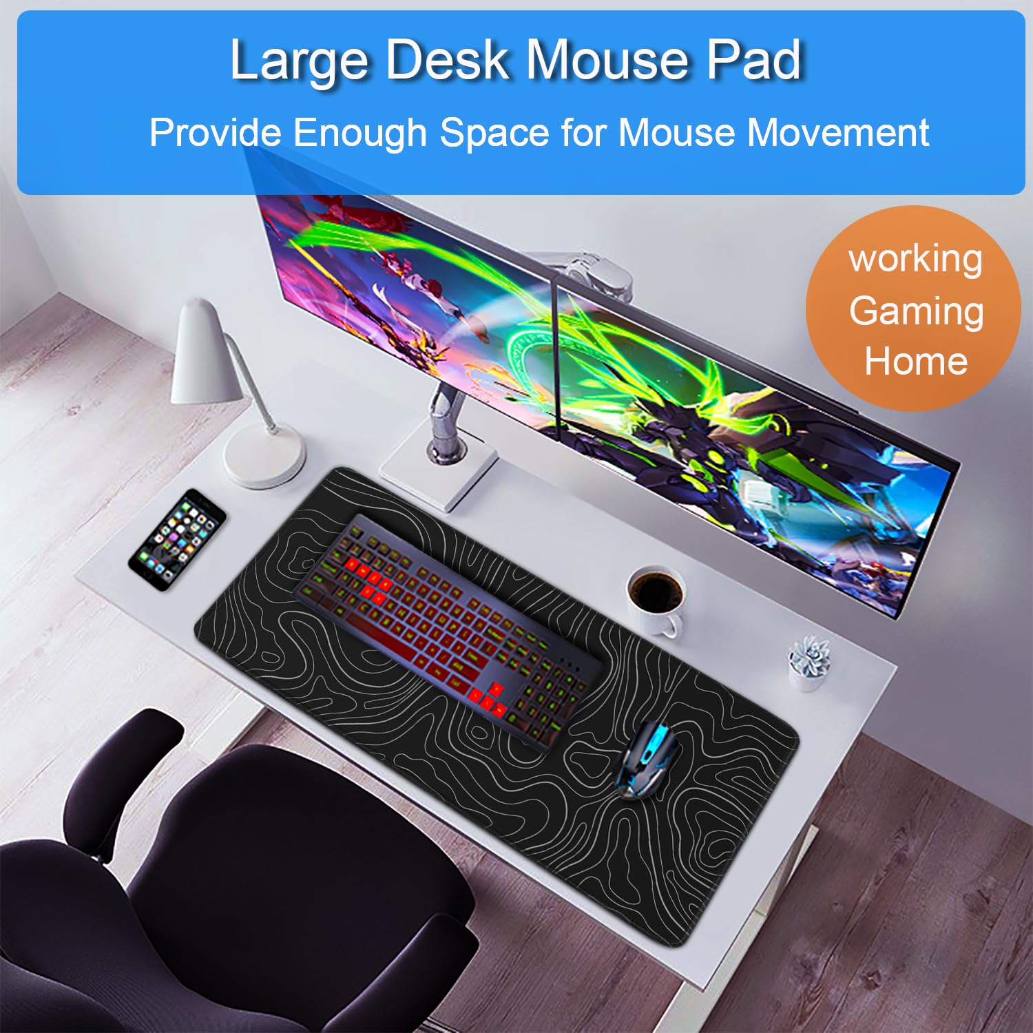 Large Extended Gaming Mouse Pad, 31.5x15.7 inch Computer Keyboard Mouse Mat, Water Resist Non-Slip