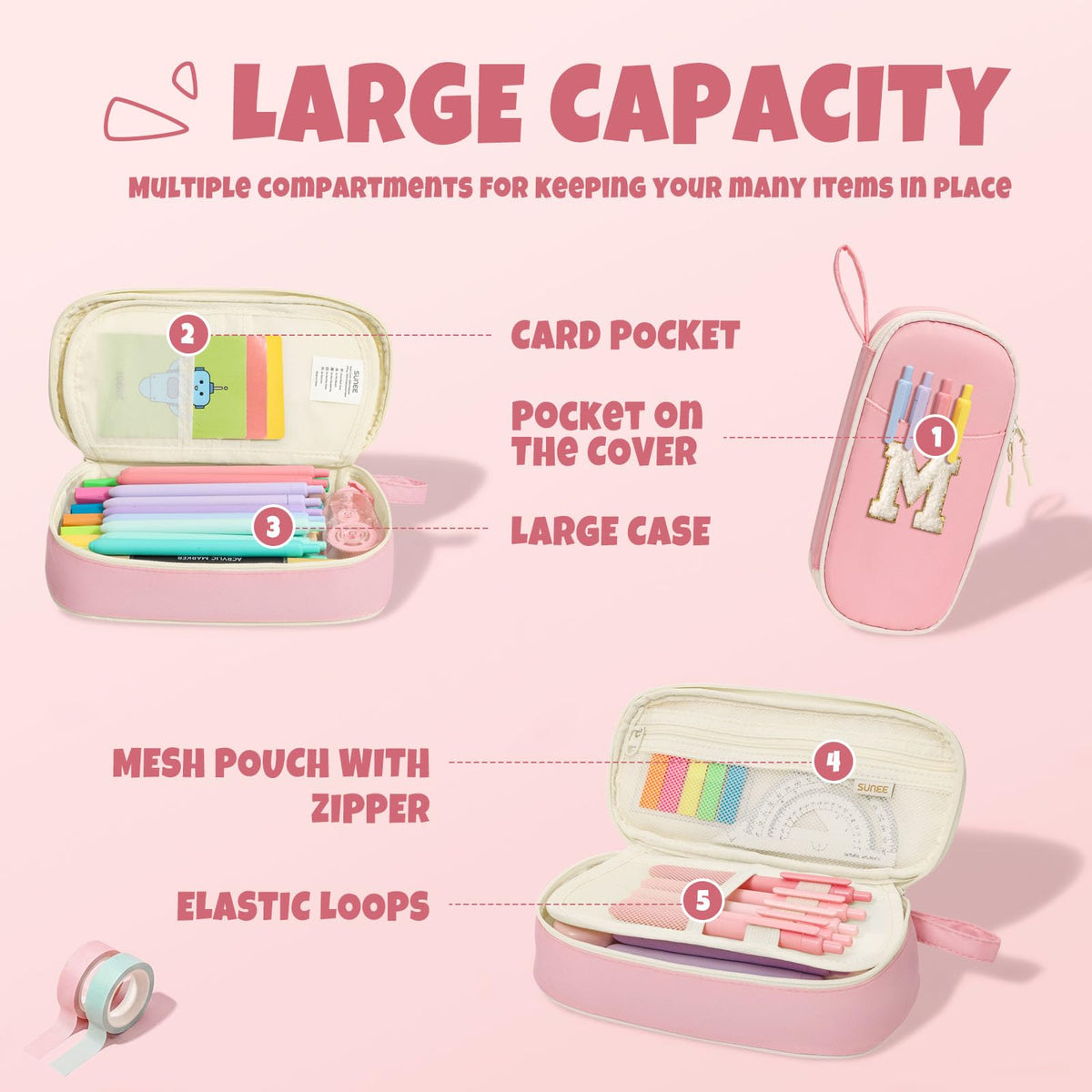 SUNEE Cute Pencil Case, Kawaii Big Capacity Pencil Pouch, Personalized Initial Pencil Bag with