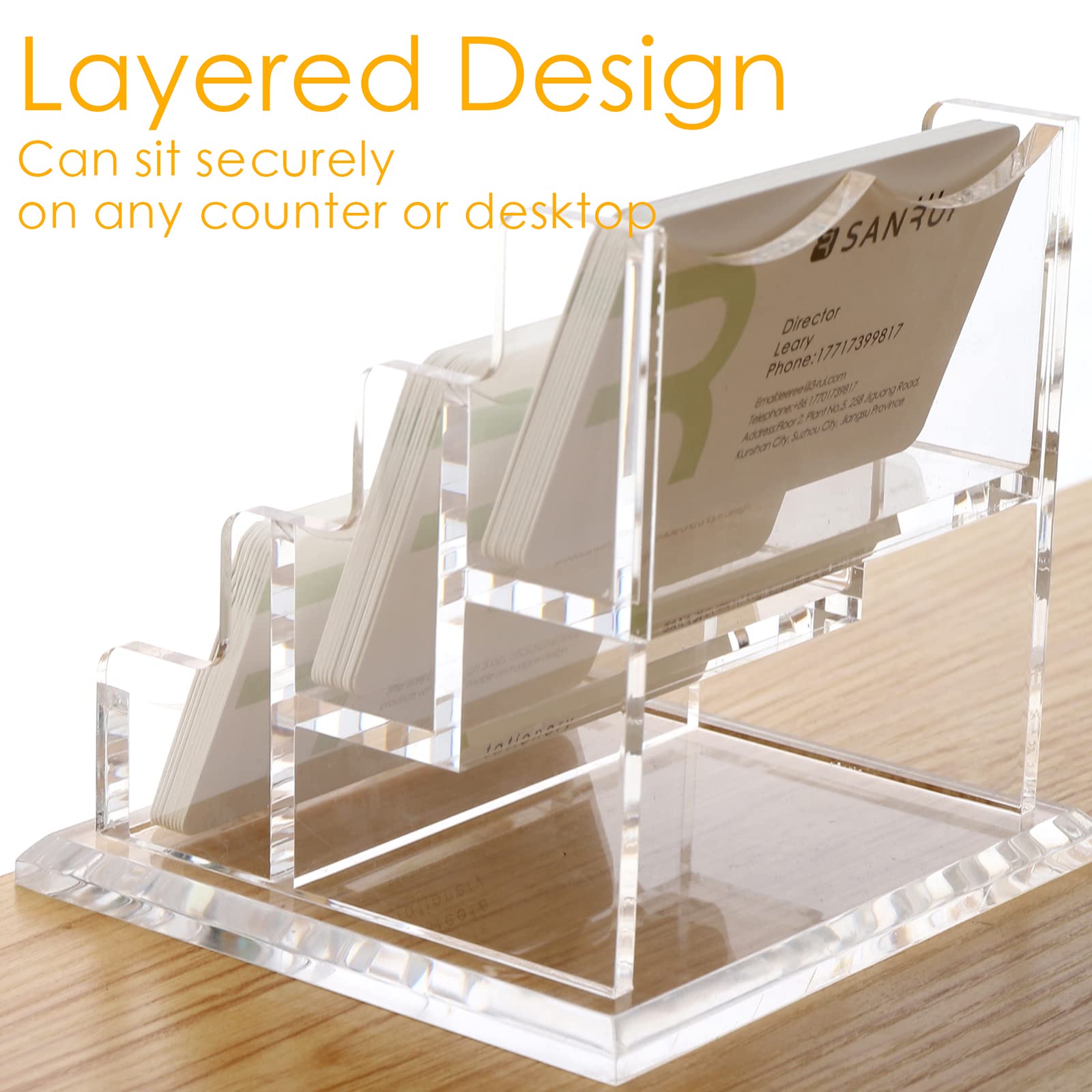 SANRUI Clear Acrylic Business Card Holder for Desk, 3 Slots Horizontal