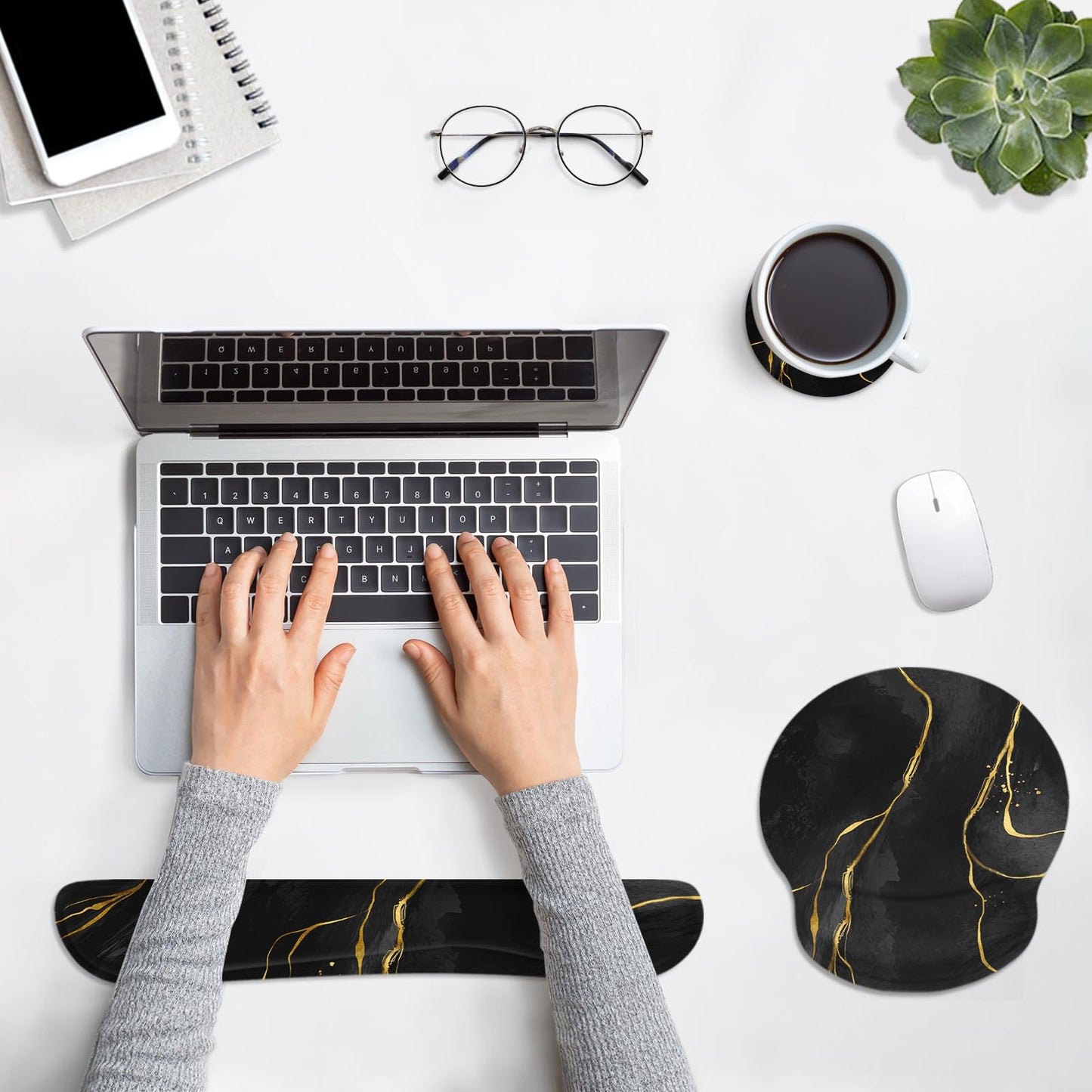 Britimes Ergonomic Mouse Pad Set with Wrist Rest, Black Gold Marble