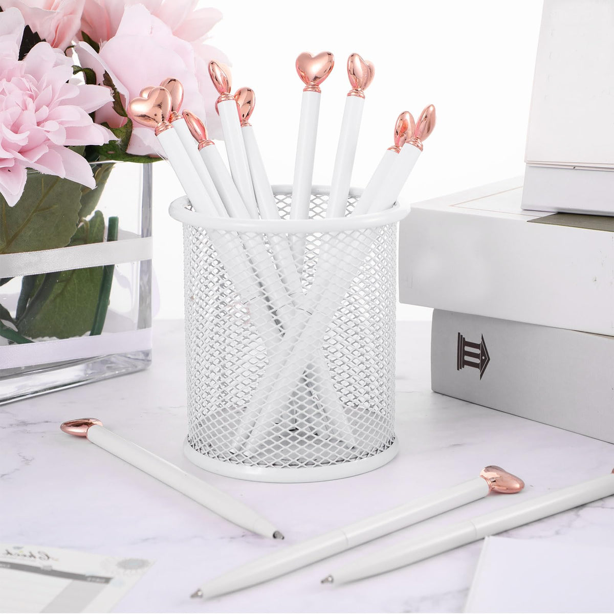 Thenshop White 24 Pcs Heart Shaped Pens Retractable Metal Cute Pens 1.0 mm Black Ink Ballpoint