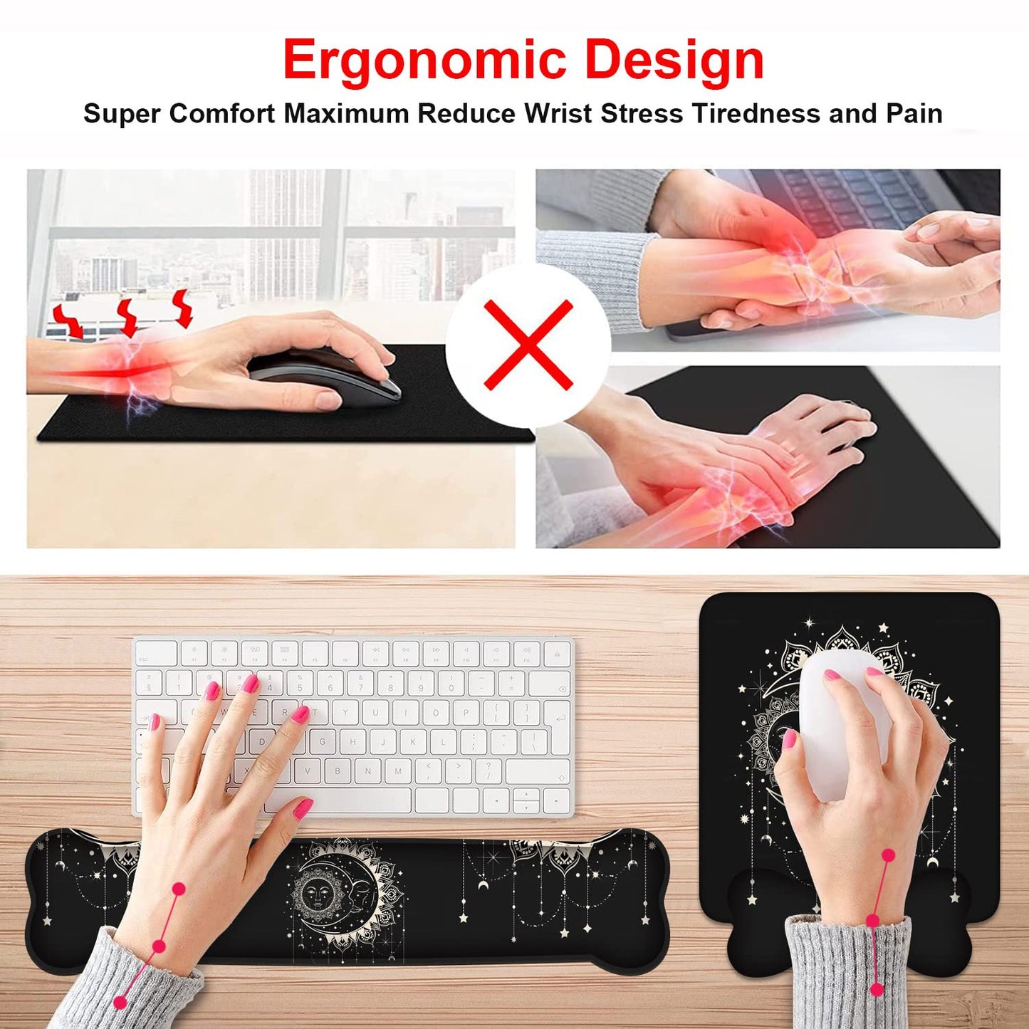 Wrist Rest Support Ergonomic Gel Mouse Pad and Memory Foam Keyboard Set, Non-Slip Rubber PU Base