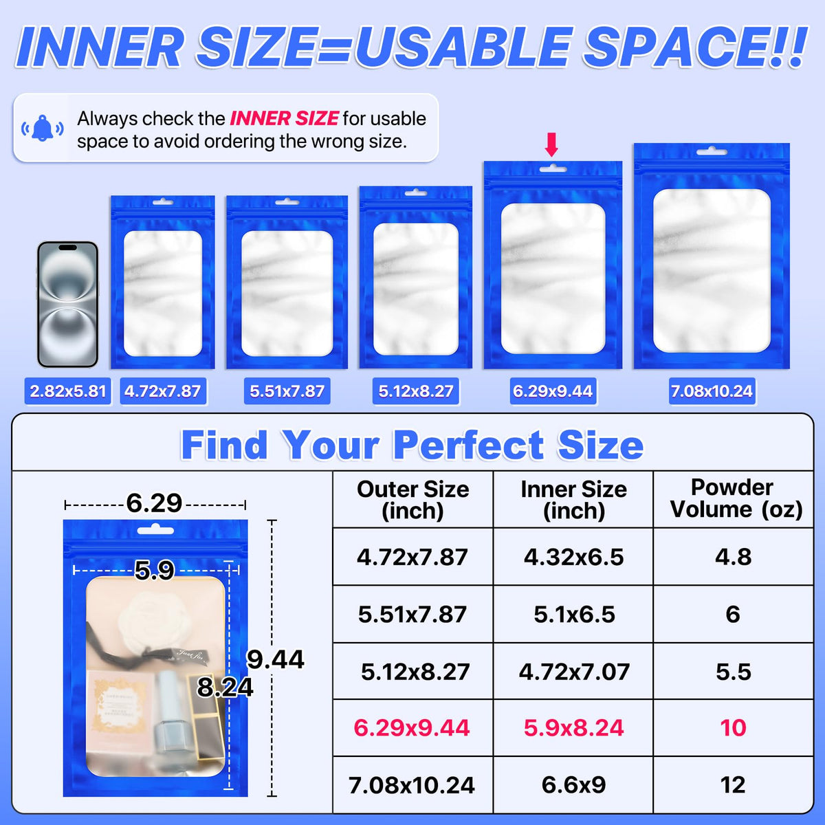 ANZNKU 100Pcs Blue Mylar Bags, Resealable Smell Proof Zip Goodie Baggies