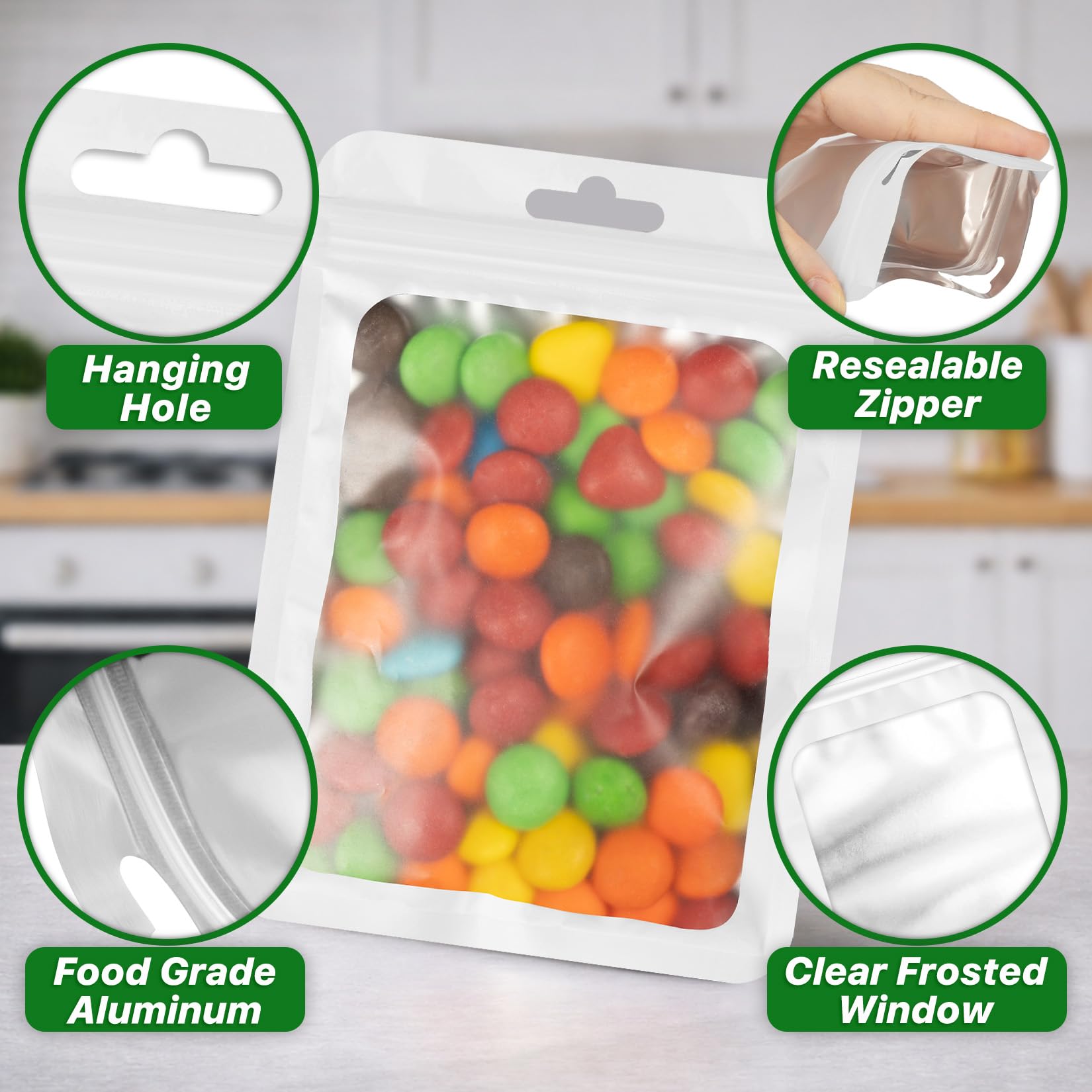 ANZNKU 100Pcs White Mylar Bags, Resealable Smell Proof Zip Goodie Baggies