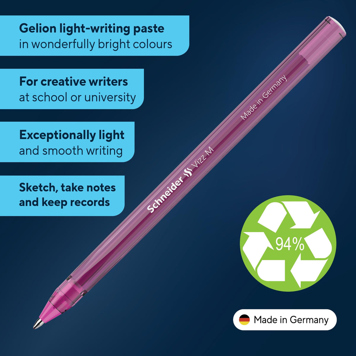 Schneider 10 x Vizz Ballpoint Pen - Easy and Fast Writing - Colour Ink Barrel - Medium Line - Pink
