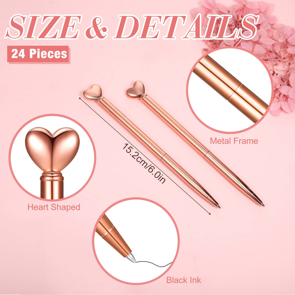 Thenshop 24 Pcs Heart Shaped Pens Metal Retractable Pens 1.0 mm