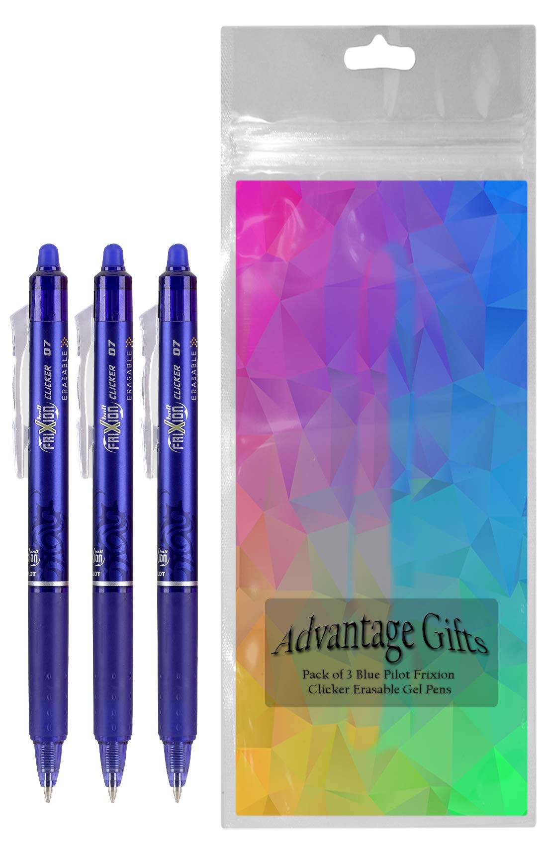 Advantage Gifts Clicker Retractable Erasable Gel Pens Fine Point (.7mm) Blue Ink 3-pk;