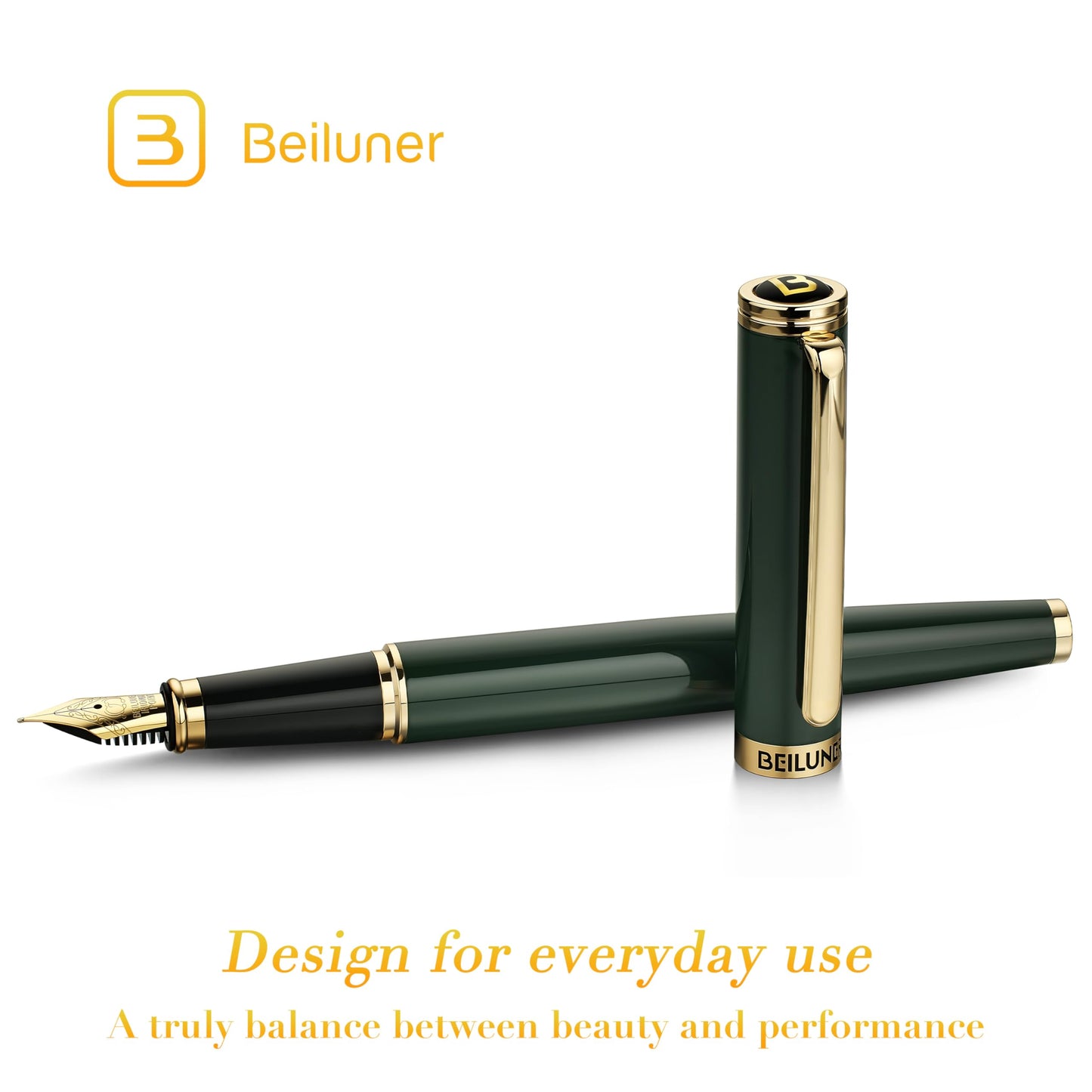 BEILUNER Racing Green Fountain Pen,Stunning Luxury Pens with 24K Gold Finish, Gorgeous 24K Gilded
