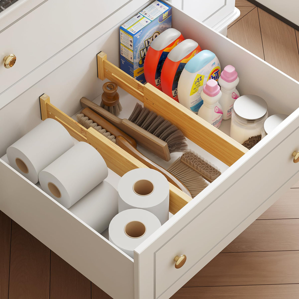 BAMEOS Bamboo Expandable Drawer Dividers – Fits 13.3"–19" Drawers, 3" Deep Walls, Set of 4 |