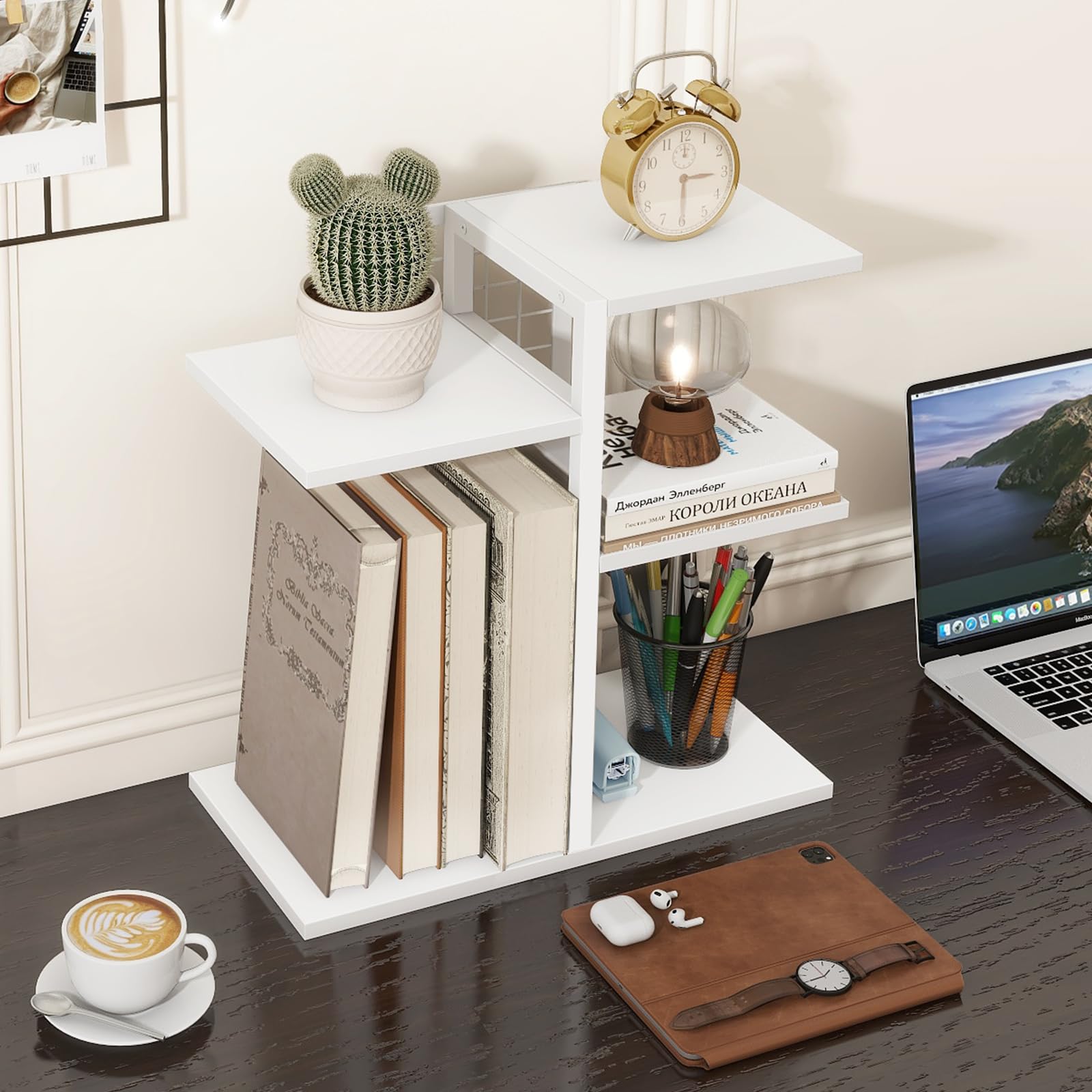 ELITEROO Desk Bookshelf, 4 Tier Wood Desktop Bookshelf, Adjustable Table Top Book Shelf and Storage