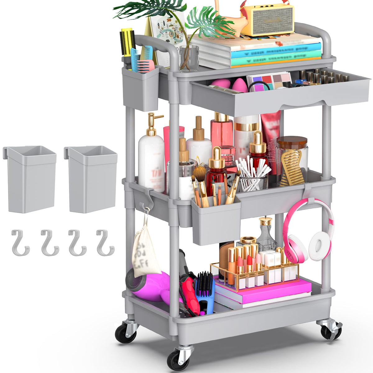 Goovilla 3 Tier Rolling Utility Cart Organizer with Removable Drawer, Grey