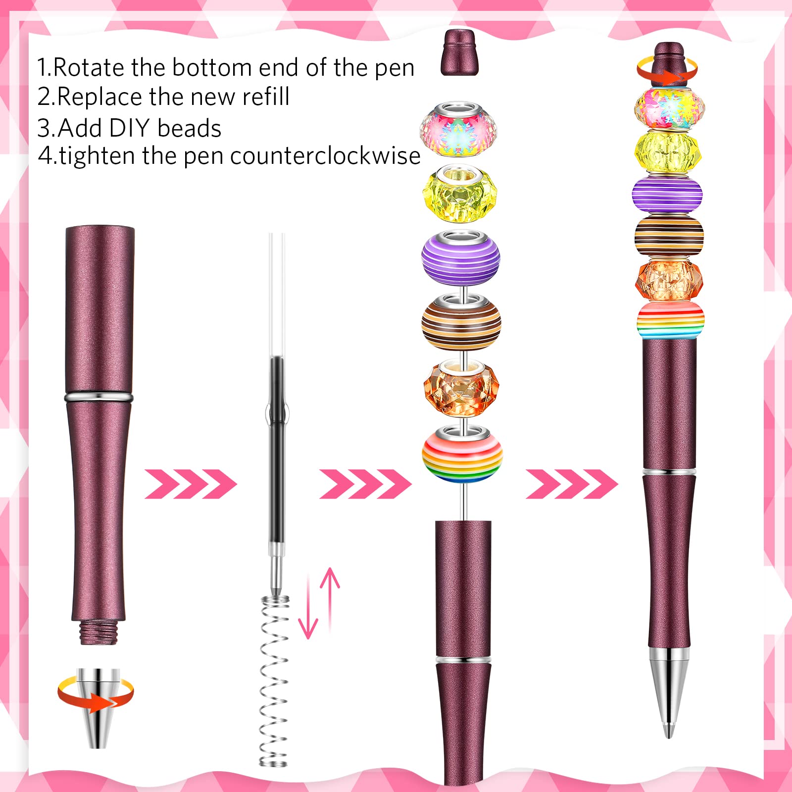 Crtiin 100 Pcs Beadable Pen School DIY Kit,Pink Purple
