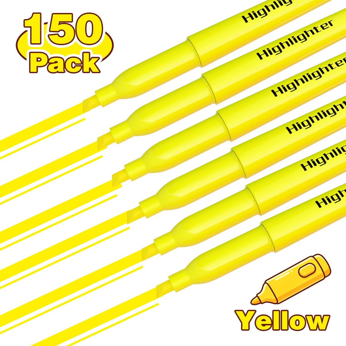 JSDOOGOO 150 Pack Yellow Highlighters Bulk - Chisel Tip No Bleed Dry-Quickly Markers Set for Office