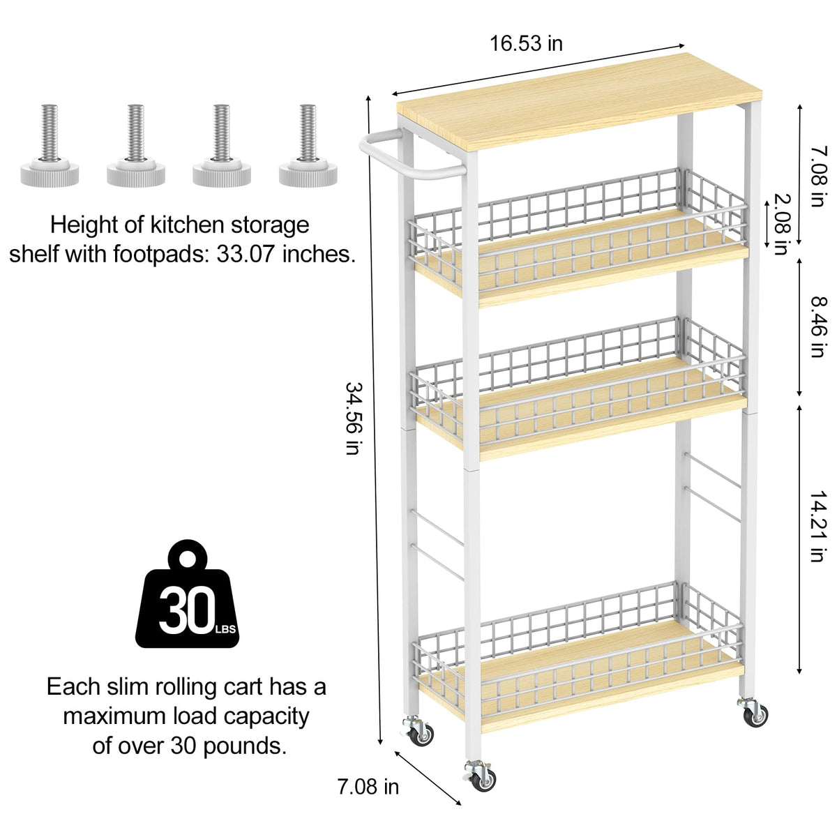 NOVIMANGO Slim Storage Cart White 4 Tier Rolling Cart with Wheels