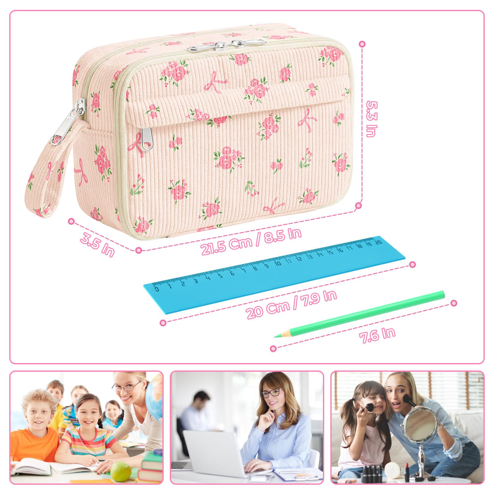 WOBAGMEN Cute Pencil Case,Large Corduroy Zippered Pencil Case Pouch, aesthetic Pencil Bag with