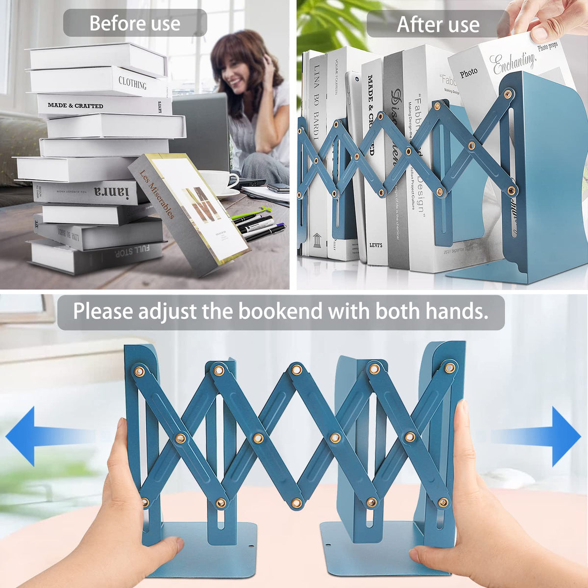 Non Skid Book Ends to Hold Books, Carooyac Heavy Duty Bookends Adjustable Book End, Metal Bookends