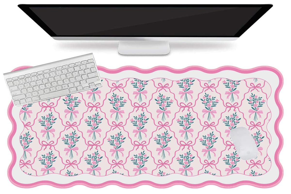 L-SPOUTTO Pink Floral Mouse Pad,Cute Scalloped Desk Mat XXL Gaming Mousepad