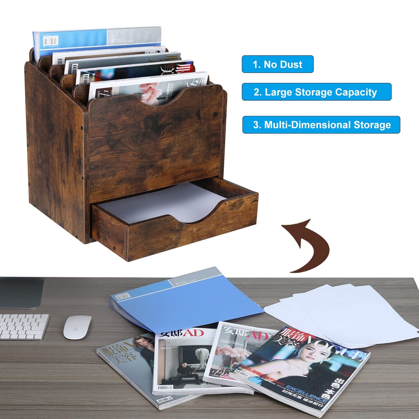 PAG-Mass Wood Desktop File Holder Organizer Mail Sorter with Drawer, for File Folders, Mails