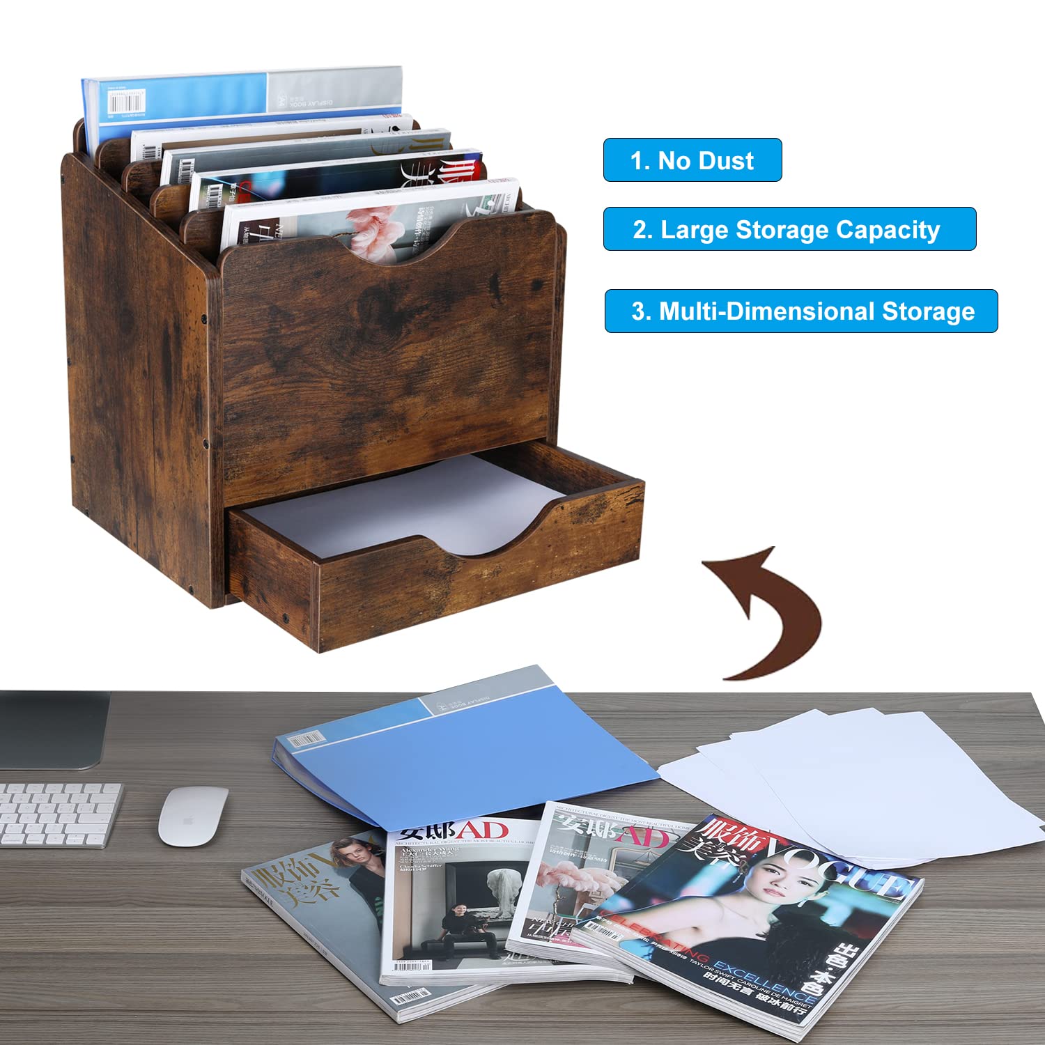 PAG-Mass Wood Desktop File Holder Organizer Mail Sorter with Drawer, for File Folders, Mails