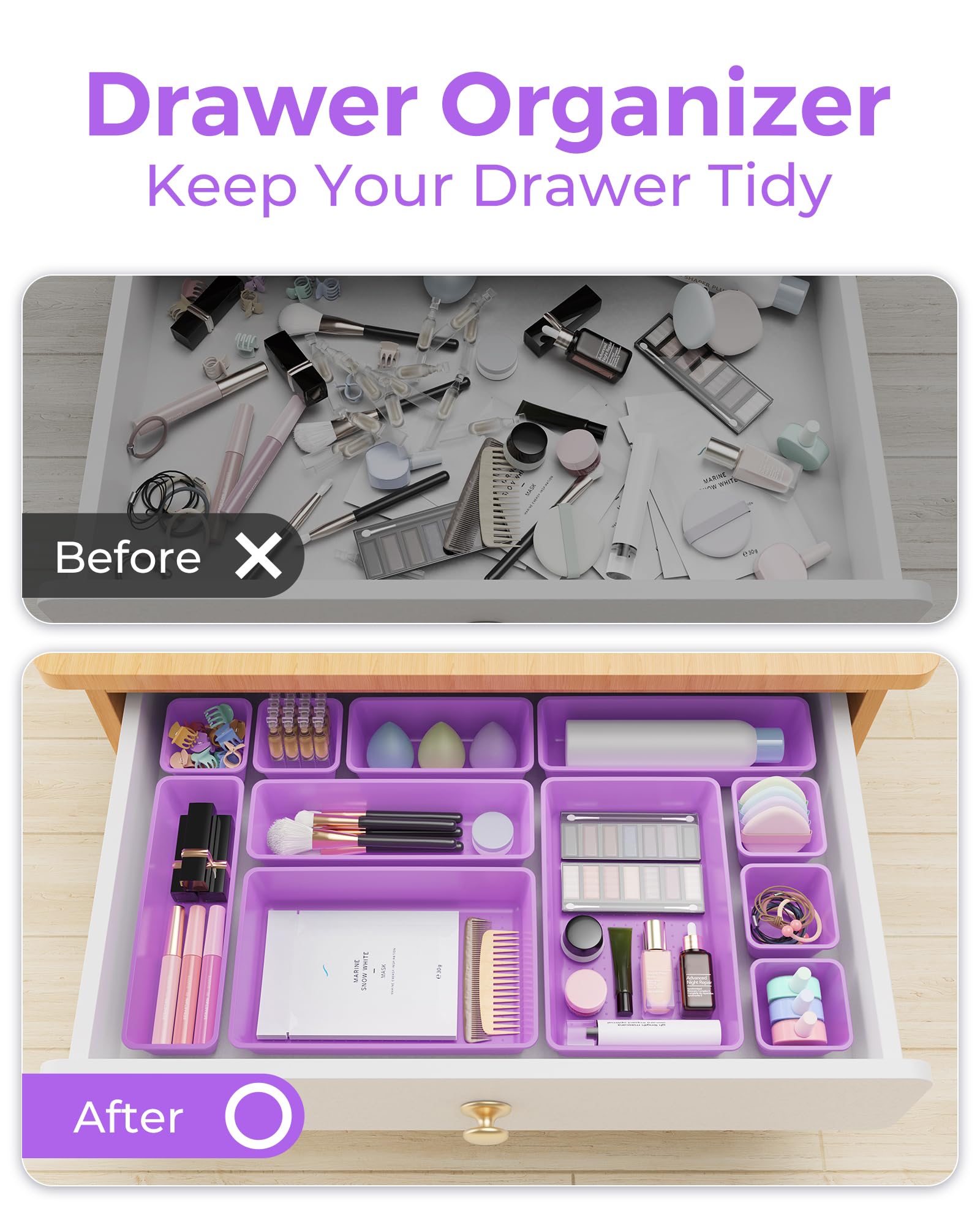 BiuLeon 25 PCS Plastic Drawer Organizers Set, 4-Sizes Vanity and Makeup Organizer, Desk and