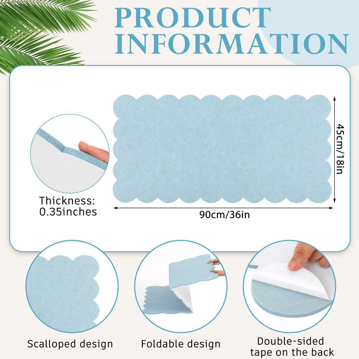 Mooliwe Scalloped Felt Bulletin Cork Board Foldable Light Blue 36 * 18 Inch