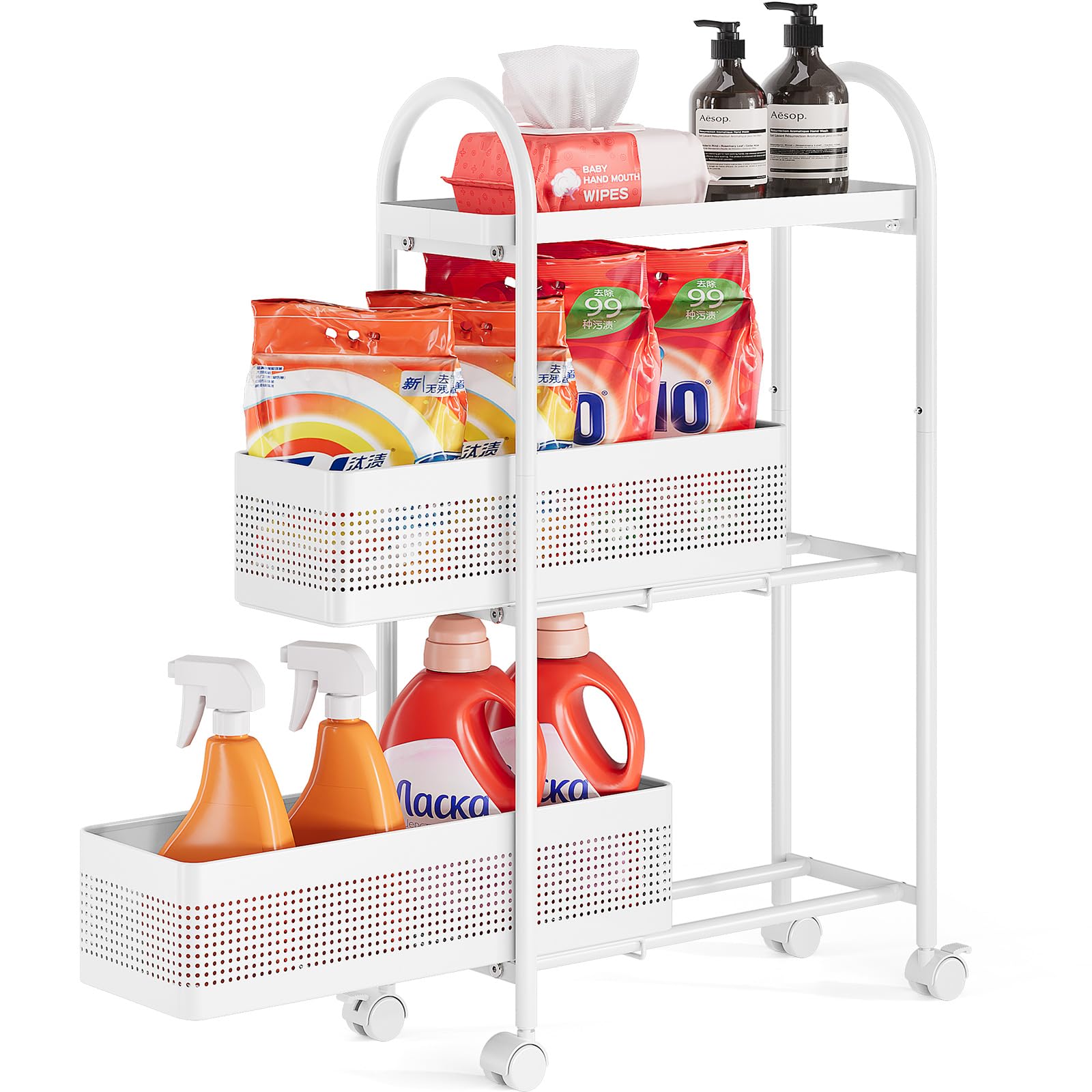 KINGRACK 3 Tier Slim Rolling Cart with Drawer, Metal Utility Storage Cart
