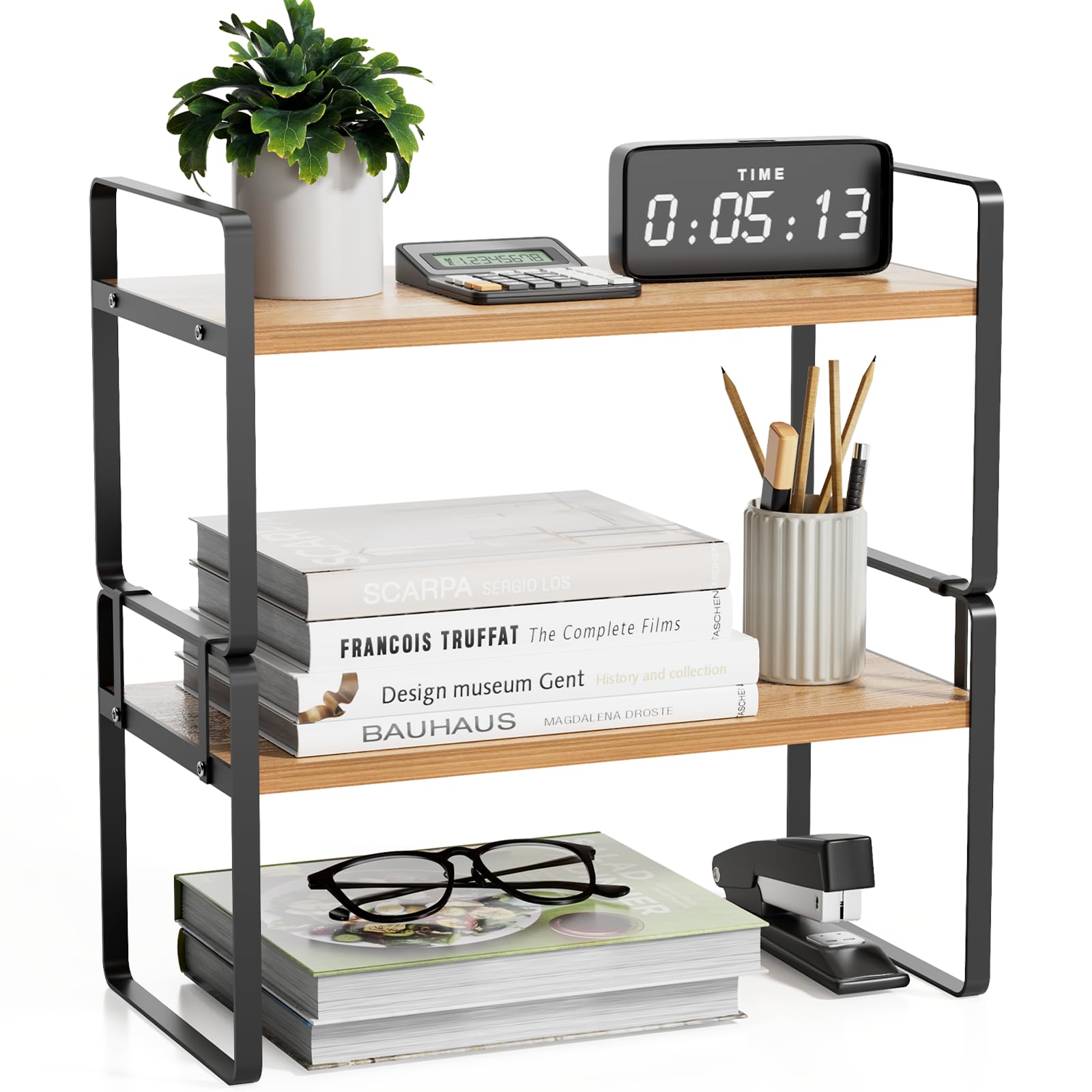 YGYQZ Desk Shelf Organizer, 2-Tier Desktop Bookshelf, Black & Wood