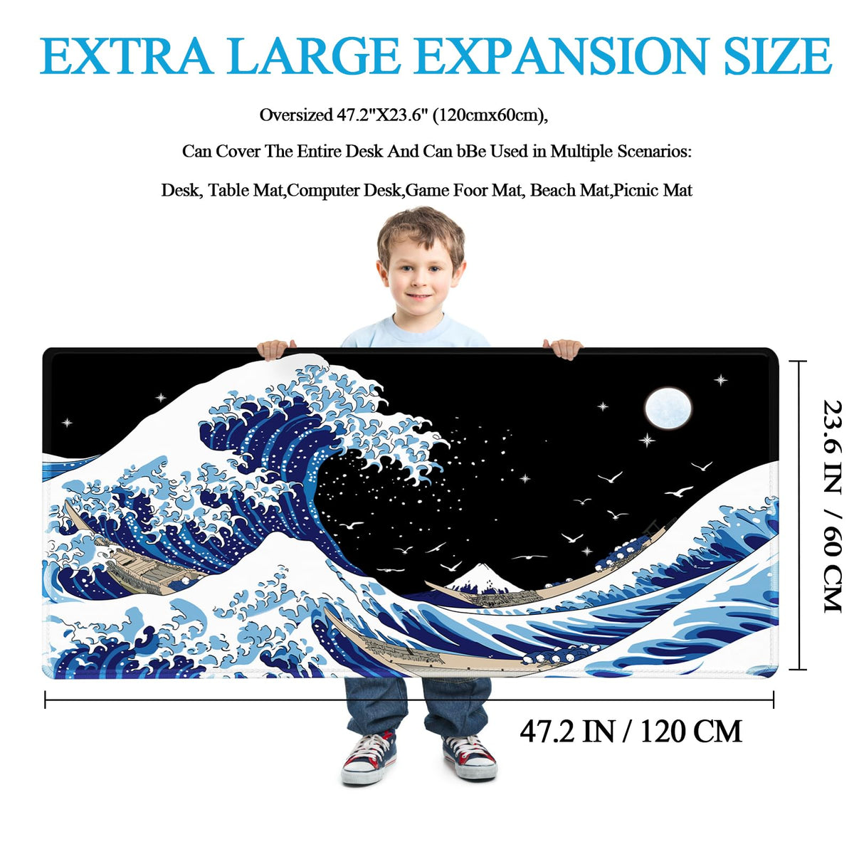 Gaming Laptop Mouse Pad,Sea Wave Big Mice Pads PC Keyboard Waterproof and Non-Slip 47.2" x 23.6"