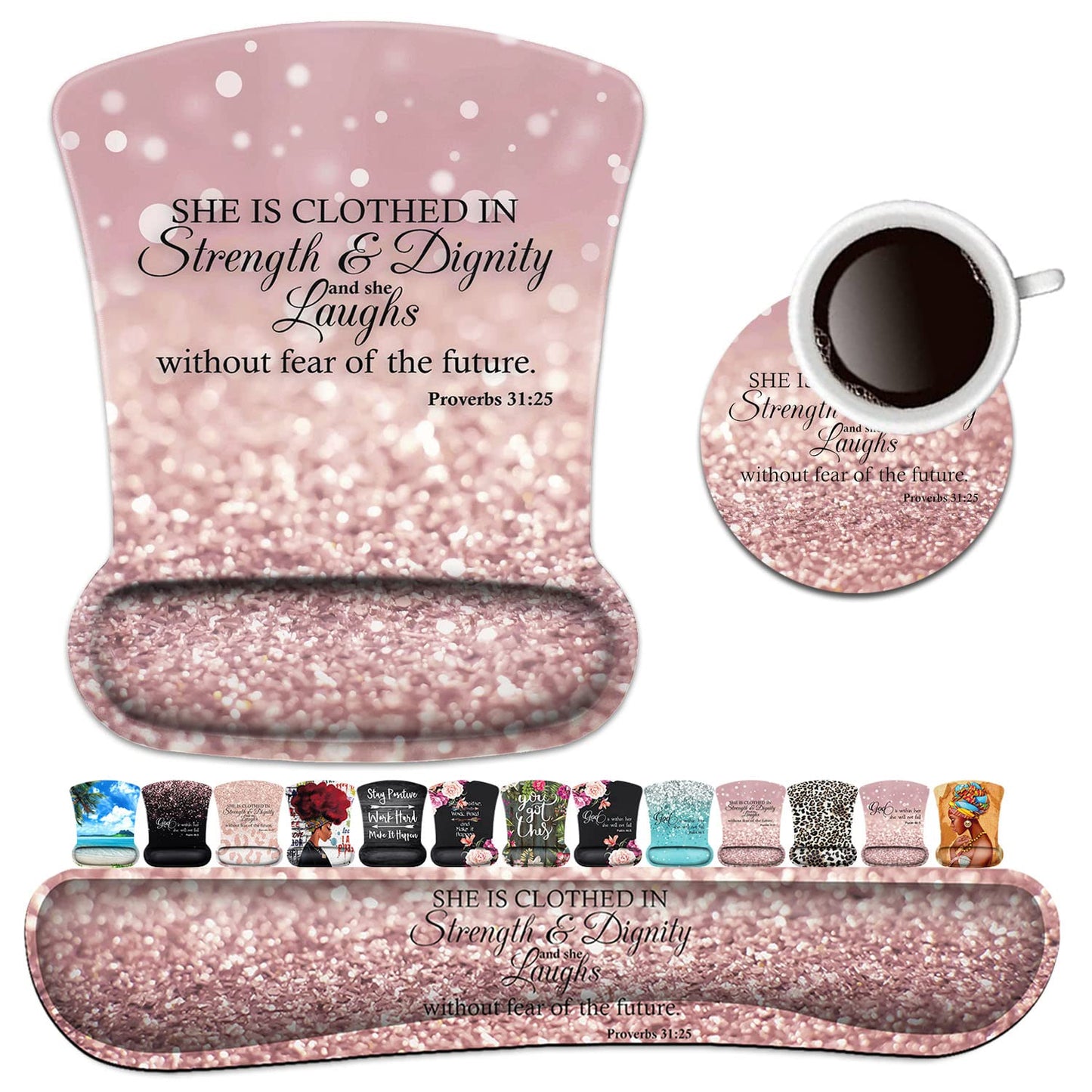 Keyboard Wrist Rest Pad and Ergonomic Mouse Pad Wrist Support Set Proverbs 31:25 Bible Verse Pink