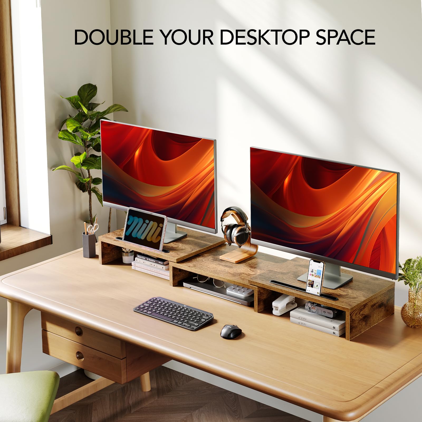 AMERIERGO Dual Monitor Stand Riser- 3 Shelf Screen Stand with Adjustable Length and Angle, 2 Extra