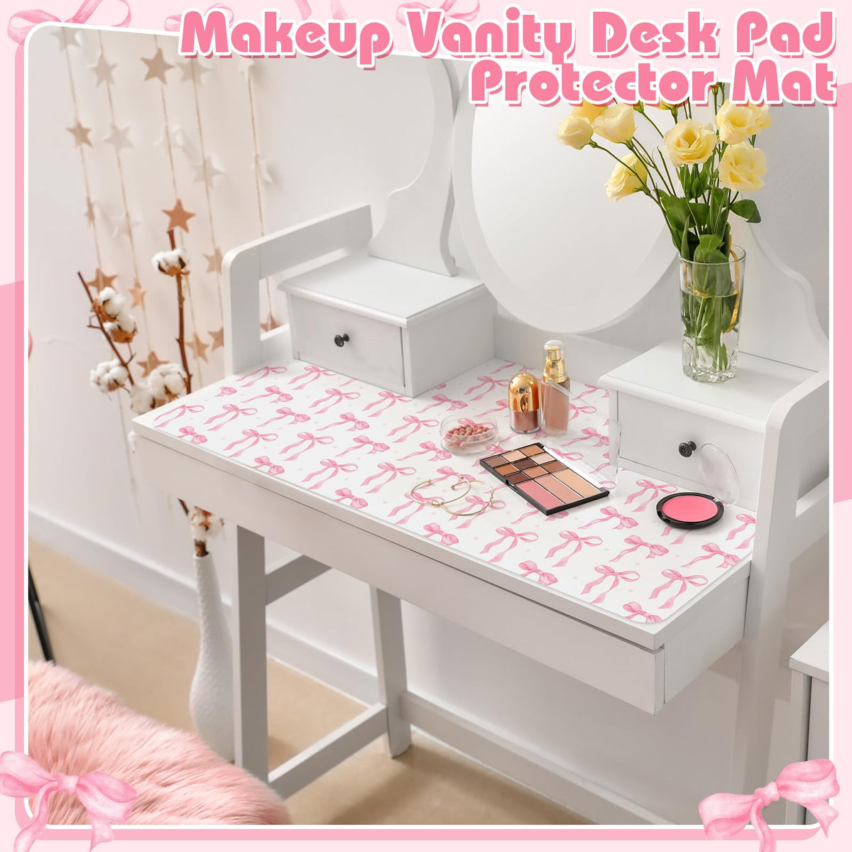 Teenyyou Bow Makeup Vanity Mat Leather Desk Pad, Pink 31.5"X 15.7"