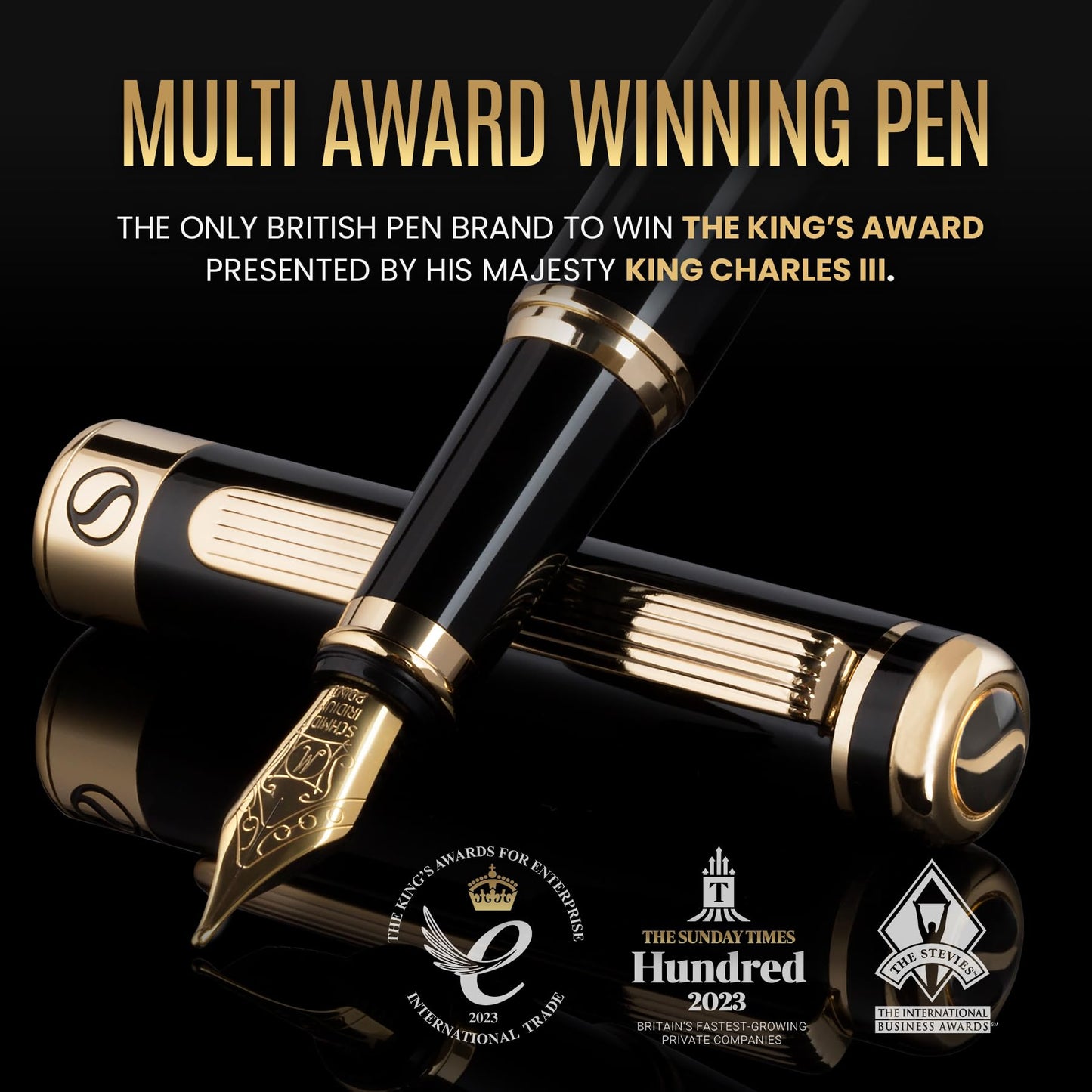 Scriveiner Personalized Black Fountain Pen - Stunning Luxury Pen, Jet Black Lacquer, Real Gold