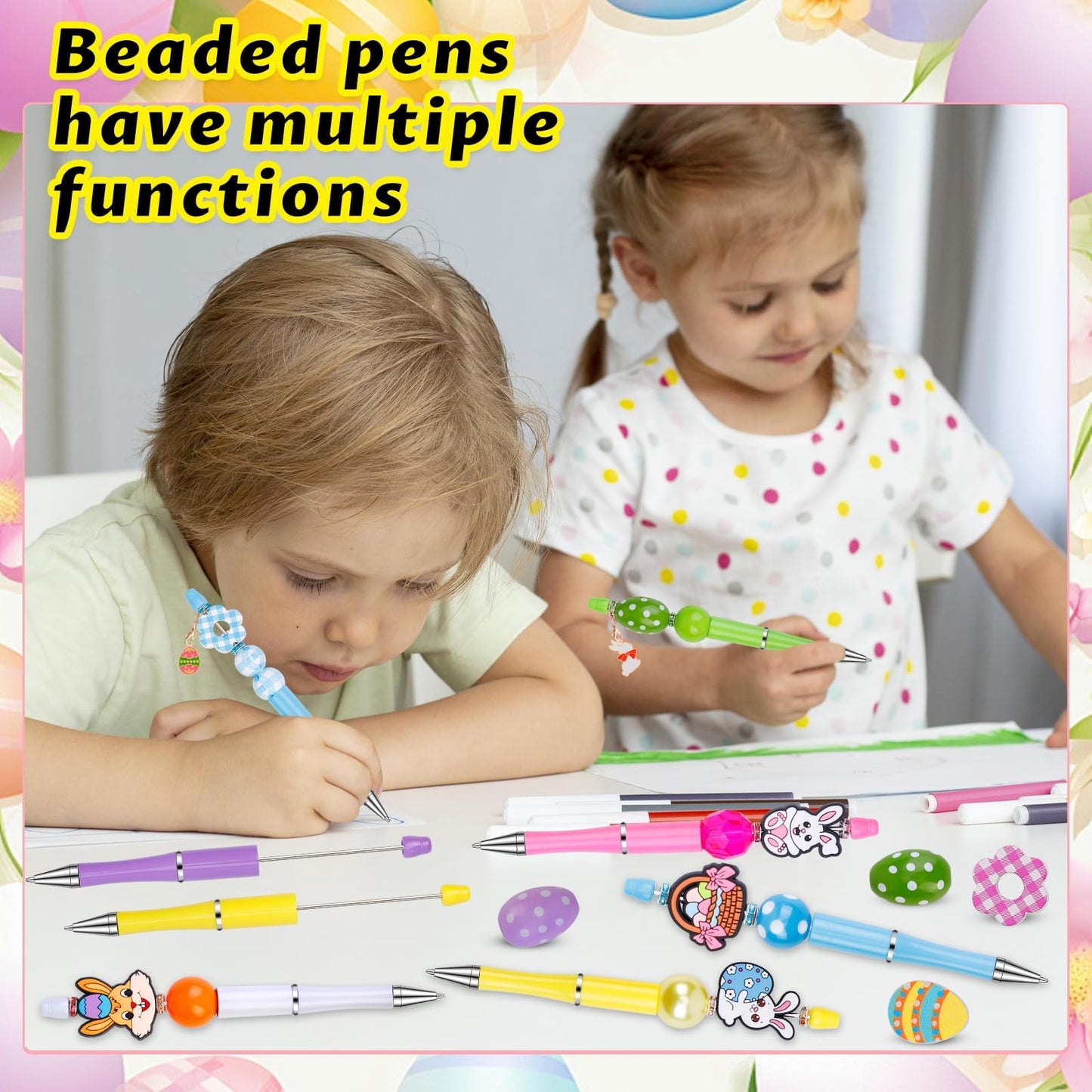 Japior 12 Sets Easter Beadable Pens DIY Pen Making Kit with Bubblegum Beads Silicone Focal Beads